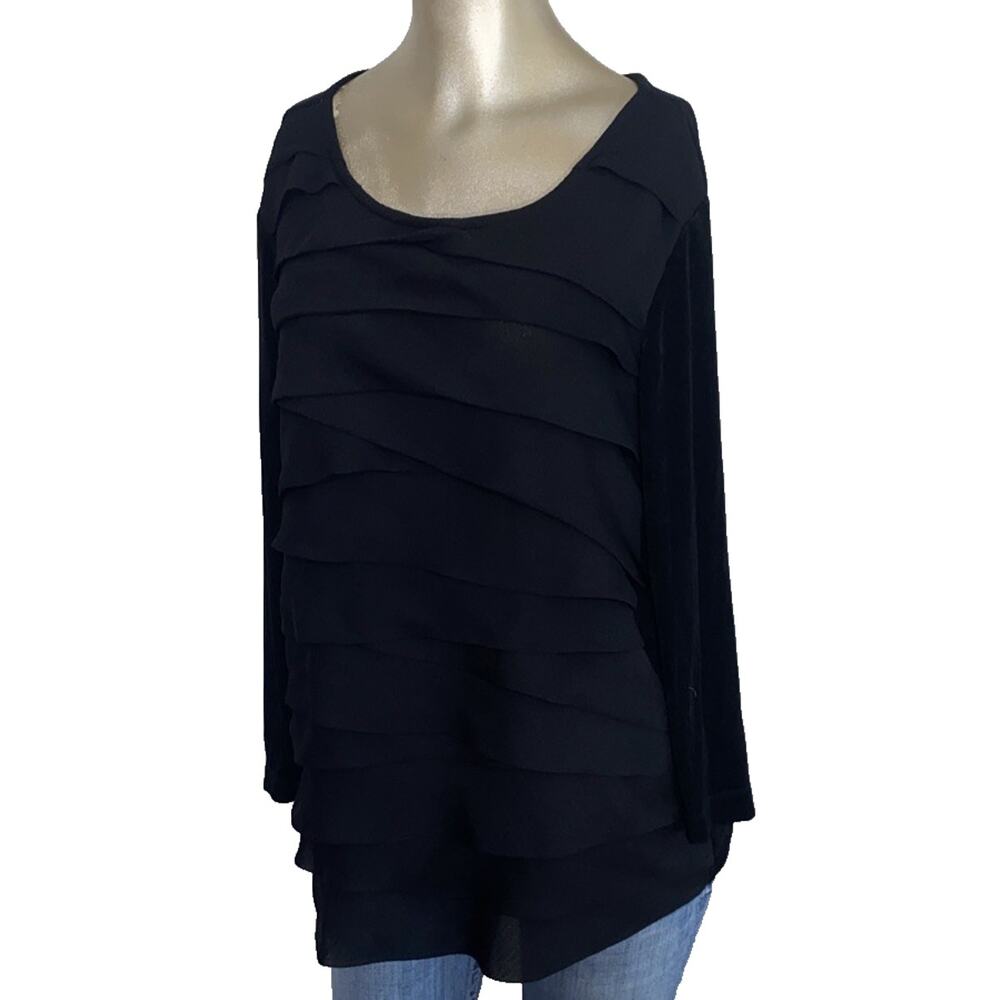 CHICO'S TRAVELERS 3 VTG Black Scoop Neck Top Crepe Front Ruffles Y2K Classic XL